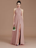 A-Line/Princess Halter Sleeveless Ruched Floor-Length Chiffon Bridesmaid Dresses Evening Dress