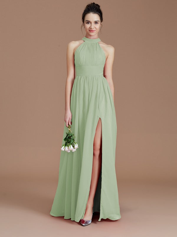 A-Line/Princess Halter Sleeveless Ruched Floor-Length Chiffon Bridesmaid Dresses Evening Dress