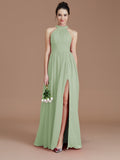 A-Line/Princess Halter Sleeveless Ruched Floor-Length Chiffon Bridesmaid Dresses Evening Dress