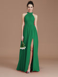 A-Line/Princess Halter Sleeveless Ruched Floor-Length Chiffon Bridesmaid Dresses Evening Dress