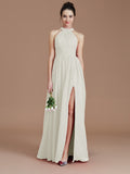 A-Line/Princess Halter Sleeveless Ruched Floor-Length Chiffon Bridesmaid Dresses Evening Dress