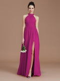 A-Line/Princess Halter Sleeveless Ruched Floor-Length Chiffon Bridesmaid Dresses Evening Dress
