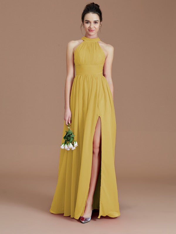 A-Line/Princess Halter Sleeveless Ruched Floor-Length Chiffon Bridesmaid Dresses Evening Dress