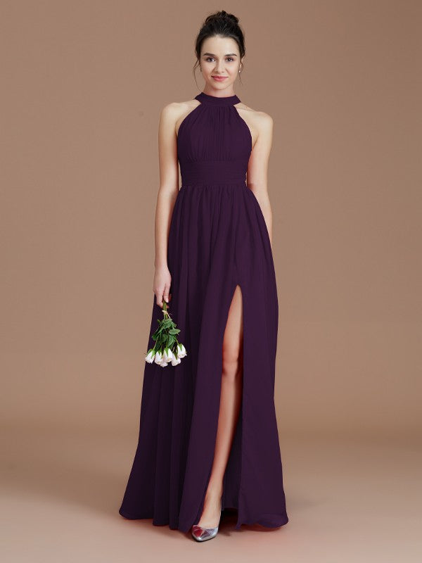 A-Line/Princess Halter Sleeveless Ruched Floor-Length Chiffon Bridesmaid Dresses Evening Dress