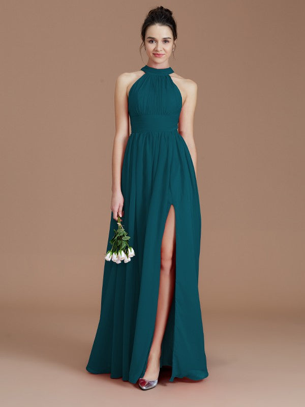 A-Line/Princess Halter Sleeveless Ruched Floor-Length Chiffon Bridesmaid Dresses Evening Dress