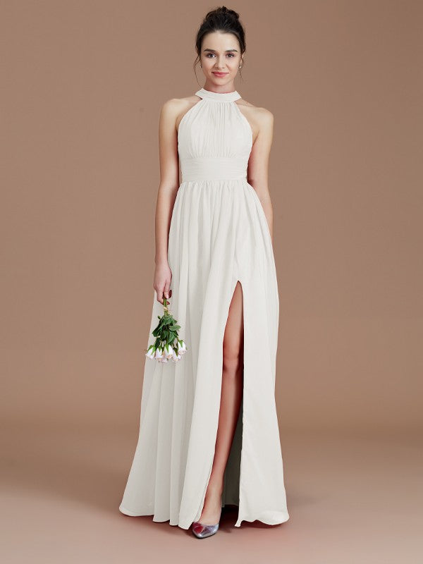 A-Line/Princess Halter Sleeveless Ruched Floor-Length Chiffon Bridesmaid Dresses Evening Dress