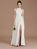 A-Line/Princess Halter Sleeveless Ruched Floor-Length Chiffon Bridesmaid Dresses Evening Dress