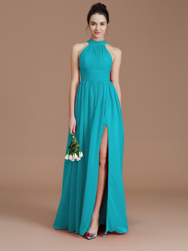 A-Line/Princess Halter Sleeveless Ruched Floor-Length Chiffon Bridesmaid Dresses Evening Dress