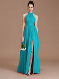 A-Line/Princess Halter Sleeveless Ruched Floor-Length Chiffon Bridesmaid Dresses Evening Dress