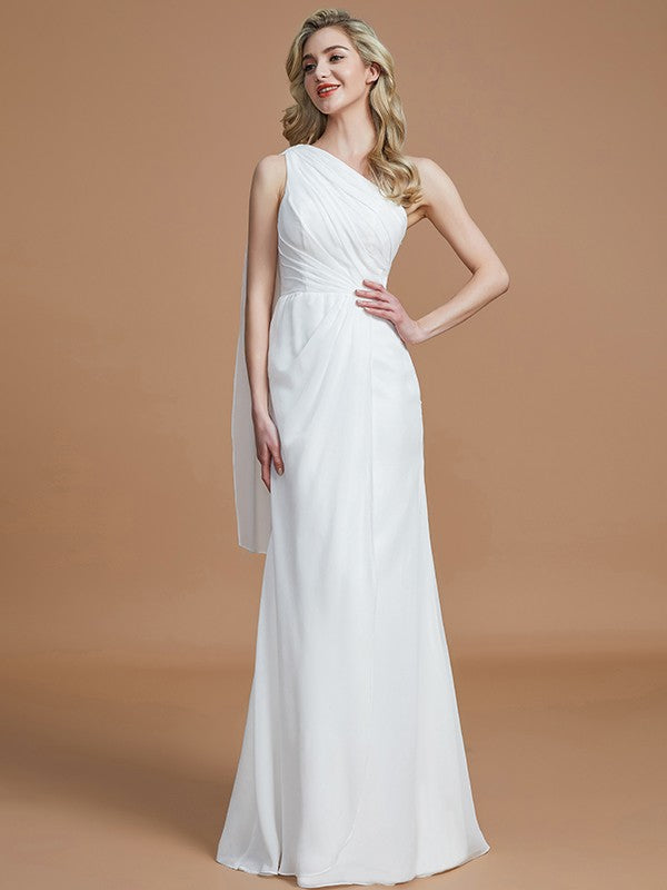 Sheath/Column One-Shoulder Sleeveless Floor-Length Chiffon Bridesmaid Dresses Evening Prom Dress