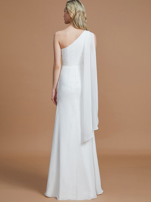 Sheath/Column One-Shoulder Sleeveless Floor-Length Chiffon Bridesmaid Dresses Wedding Guest Dress