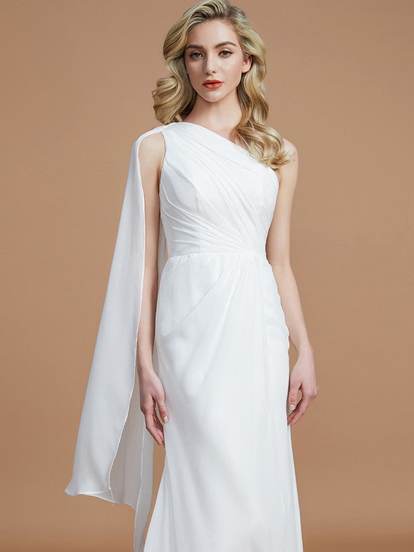 Sheath/Column One-Shoulder Sleeveless Floor-Length Chiffon Bridesmaid Dresses Wedding Guest Dress