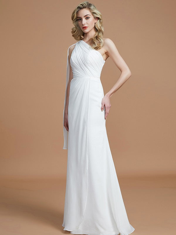 Sheath/Column One-Shoulder Sleeveless Floor-Length Chiffon Bridesmaid Dresses Wedding Guest Dress