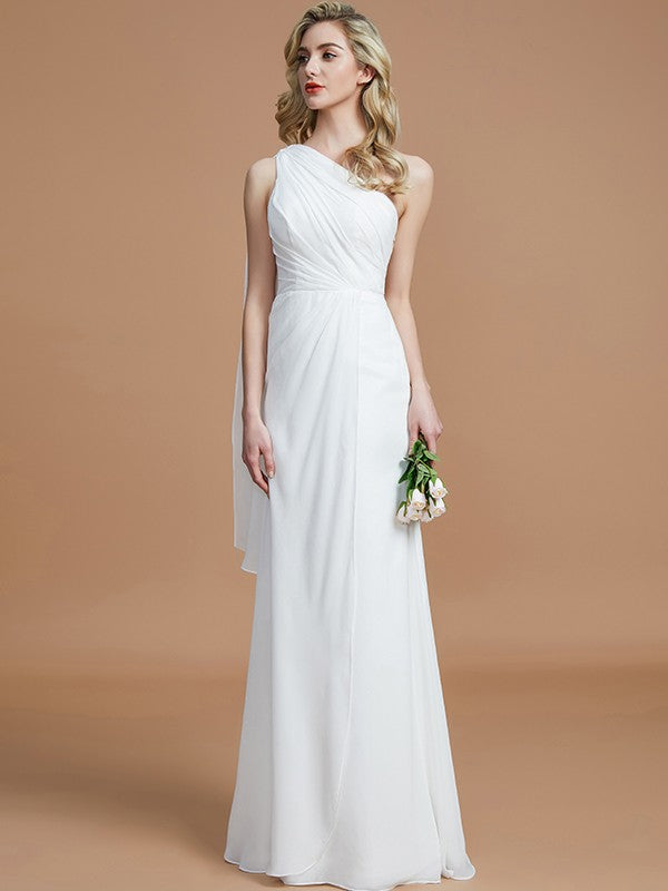Sheath/Column One-Shoulder Sleeveless Floor-Length Chiffon Bridesmaid Dresses Wedding Guest Dress