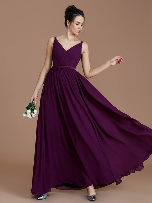 A-Line/Princess V-neck Sleeveless Ruched Floor-Length Chiffon Bridesmaid Dresses Evening Prom Dress