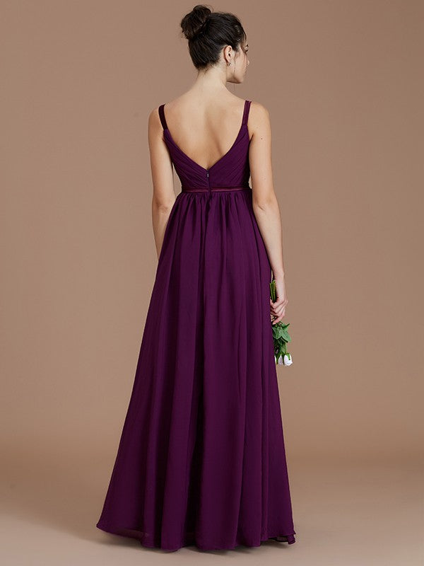 A-Line/Princess V-neck Sleeveless Ruched Floor-Length Chiffon Bridesmaid Dresses Evening Prom Dress