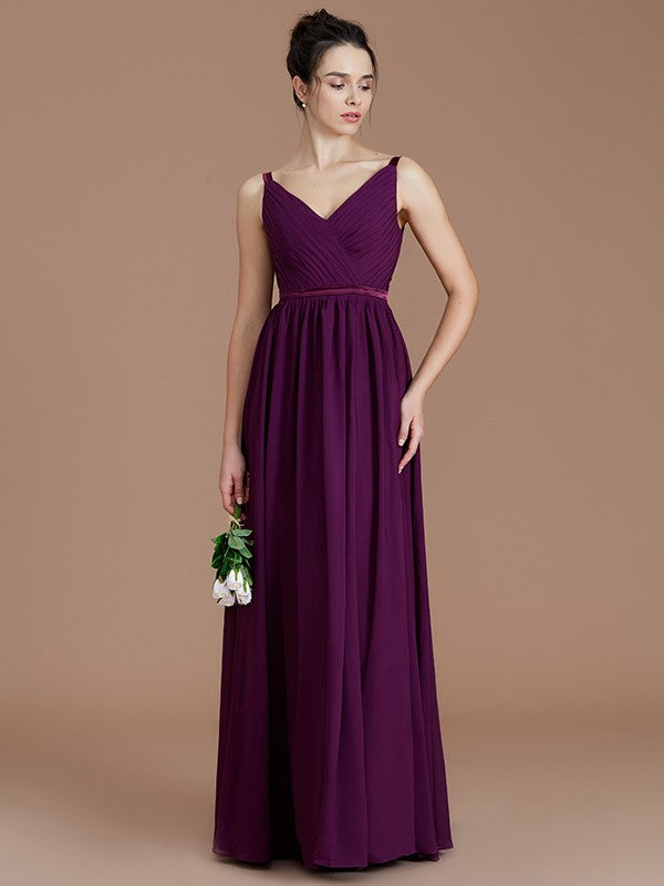 A-Line/Princess V-neck Sleeveless Ruched Floor-Length Chiffon Bridesmaid Dresses Evening Prom Dress