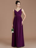 A-Line/Princess V-neck Sleeveless Ruched Floor-Length Chiffon Bridesmaid Dresses Evening Prom Dress