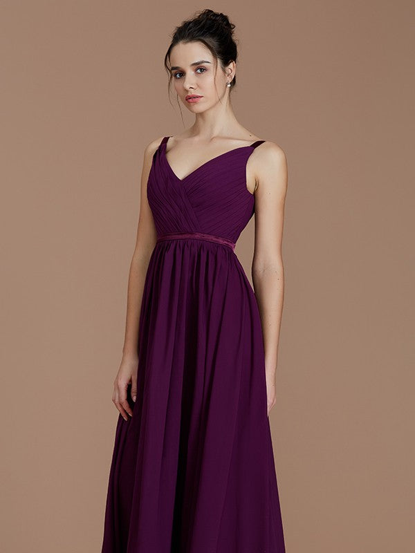 A-Line/Princess V-neck Sleeveless Ruched Floor-Length Chiffon Bridesmaid Dresses Evening Prom Dress