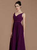 A-Line/Princess V-neck Sleeveless Ruched Floor-Length Chiffon Bridesmaid Dresses Evening Prom Dress