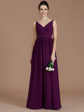 A-Line/Princess V-neck Sleeveless Ruched Floor-Length Chiffon Bridesmaid Dresses Evening Prom Dress