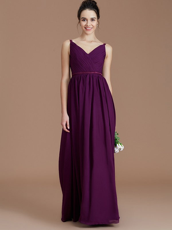 A-Line/Princess V-neck Sleeveless Ruched Floor-Length Chiffon Bridesmaid Dresses Evening Prom Dress