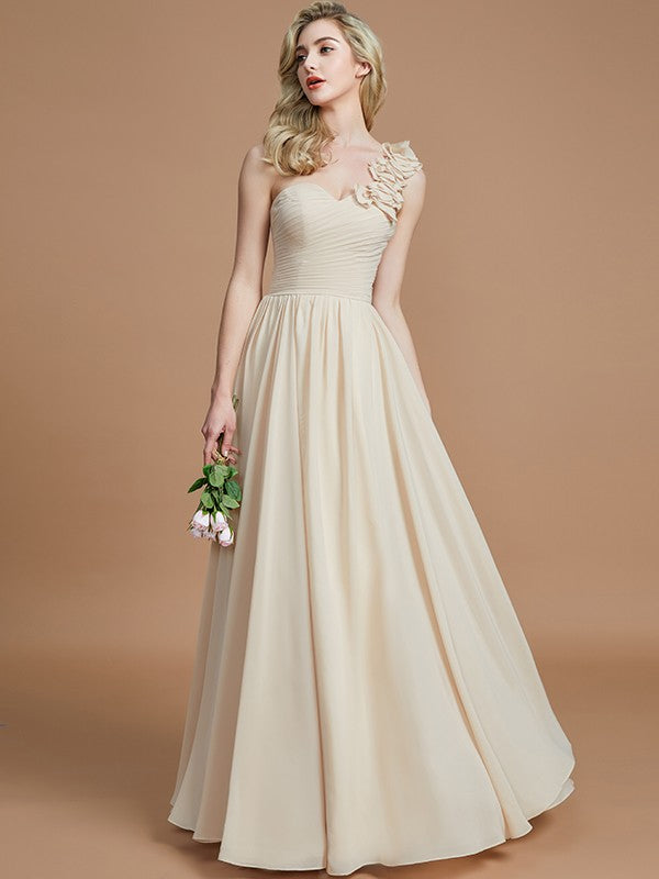 A-Line/Princess One-Shoulder Sleeveless Floor-Length Chiffon Bridesmaid Dresses Evening Prom Dress