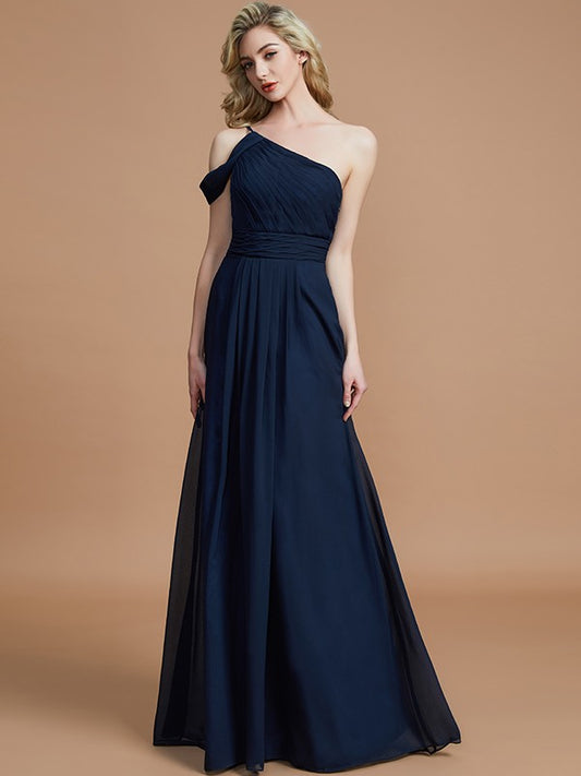 A-Linie/Princess-Linie One-Shoulder-Träger Bodenlang Chiffon Ärmellos Brautjungfernkleider Kleid für Hochzeitsgäste