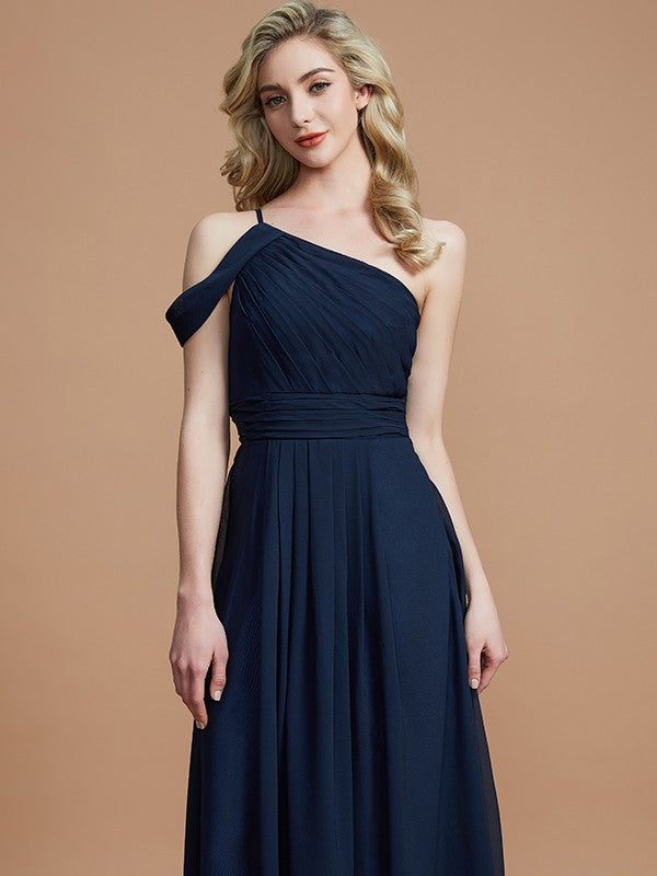 A-Linie/Princess-Linie One-Shoulder-Träger Bodenlang Chiffon Ärmellos Brautjungfernkleider Abendkleid