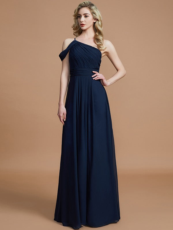 A-Linie/Princess-Linie One-Shoulder-Träger Bodenlang Chiffon Ärmellos Brautjungfernkleider Abendkleid