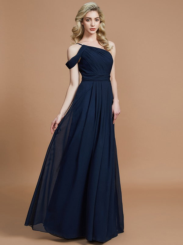 A-Linie/Princess-Linie One-Shoulder-Träger Bodenlang Chiffon Ärmellos Brautjungfernkleider Abendkleid