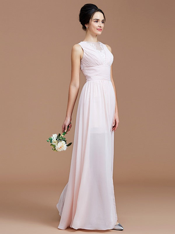 A-Line/Princess Jewel Sleeveless Ruched Floor-Length Chiffon Bridesmaid Dresses Evening Prom Dress