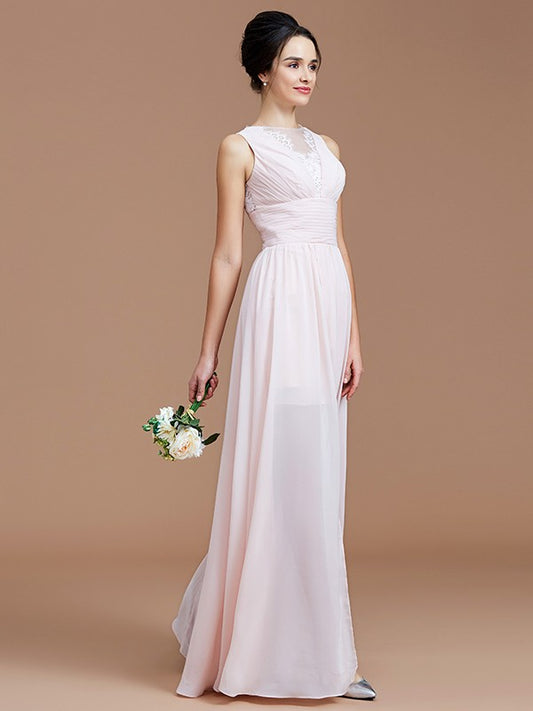 A-Line/Princess Jewel Sleeveless Ruched Floor-Length Chiffon Bridesmaid Dresses Evening Prom Dress