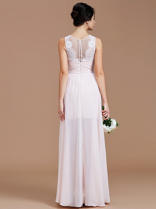 A-Line/Princess Jewel Sleeveless Ruched Floor-Length Chiffon Bridesmaid Dresses Evening Prom Dress