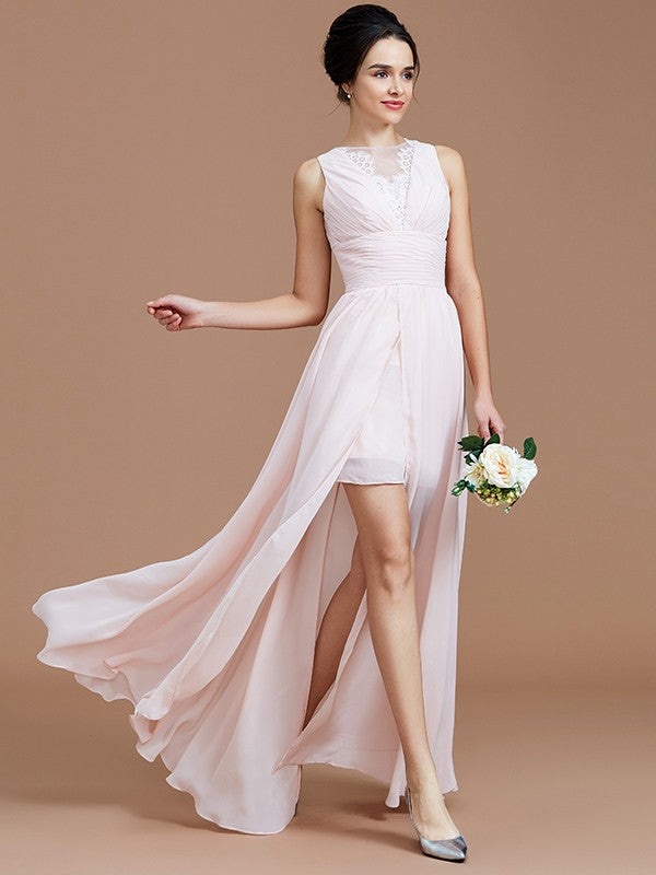 A-Line/Princess Jewel Sleeveless Ruched Floor-Length Chiffon Bridesmaid Dresses Evening Prom Dress