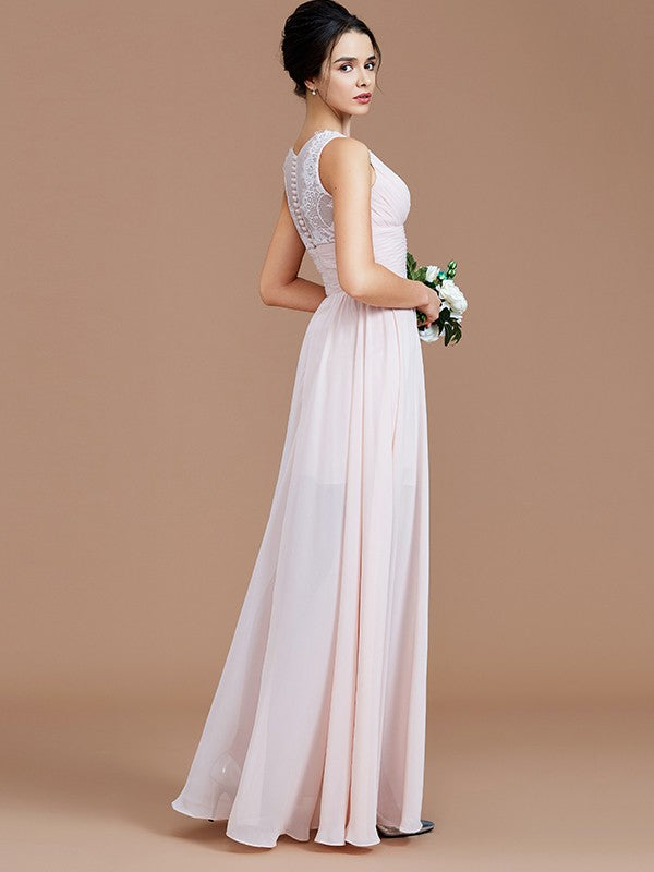 A-Line/Princess Jewel Sleeveless Ruched Floor-Length Chiffon Bridesmaid Dresses Evening Prom Dress