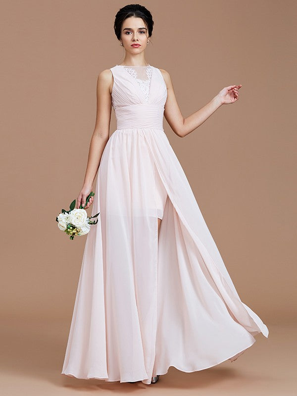 A-Line/Princess Jewel Sleeveless Ruched Floor-Length Chiffon Bridesmaid Dresses Evening Prom Dress