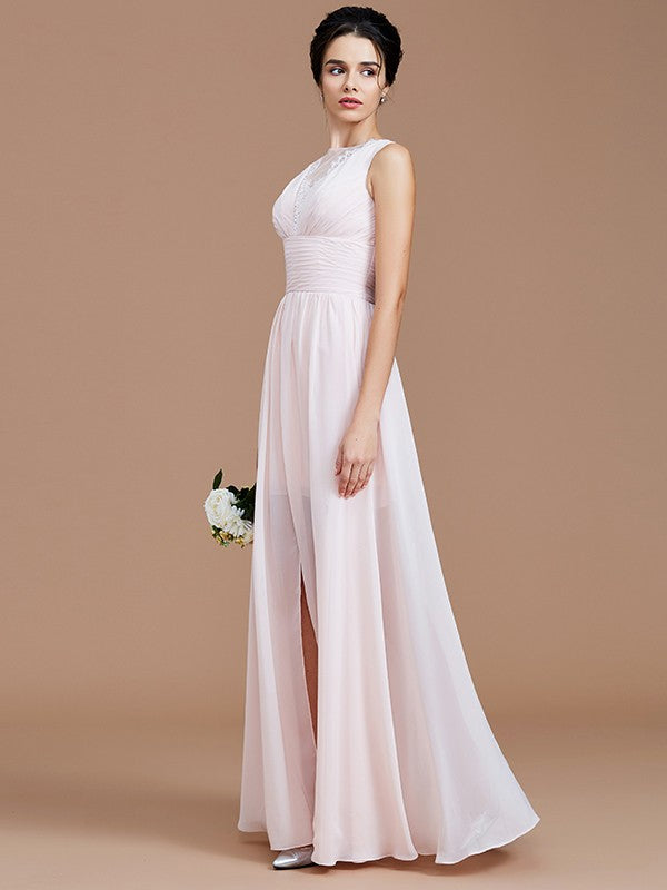A-Line/Princess Jewel Sleeveless Ruched Floor-Length Chiffon Bridesmaid Dresses Evening Prom Dress