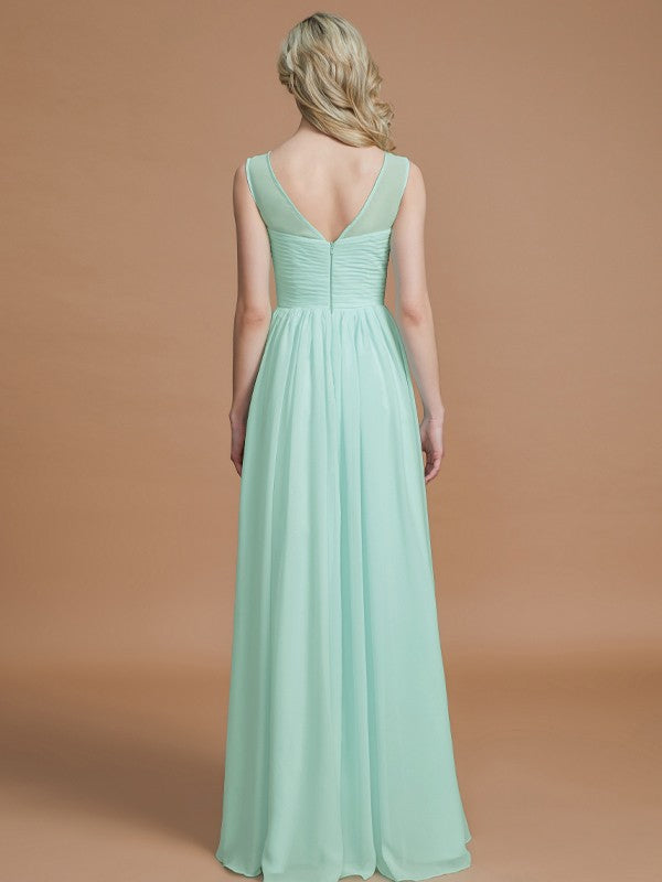A-Linie/Princess-Linie U-Ausschnitt Ärmellos Bodenlang Chiffon Brautjungfernkleider Abendkleid