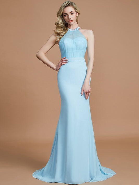 Trumpet/Mermaid Sleeveless Scoop Sweep/Brush Train Chiffon Bridesmaid Dresses Formal Evening Dress