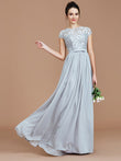 Vestido de dama de honor de gasa con corte A/princesa, mangas cortas, encaje, joya, largo hasta el suelo, vestido de noche para madre de la novia