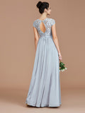 Vestido de dama de honor de gasa con corte A/princesa, mangas cortas, encaje, joya, largo hasta el suelo, vestido de noche para madre de la novia