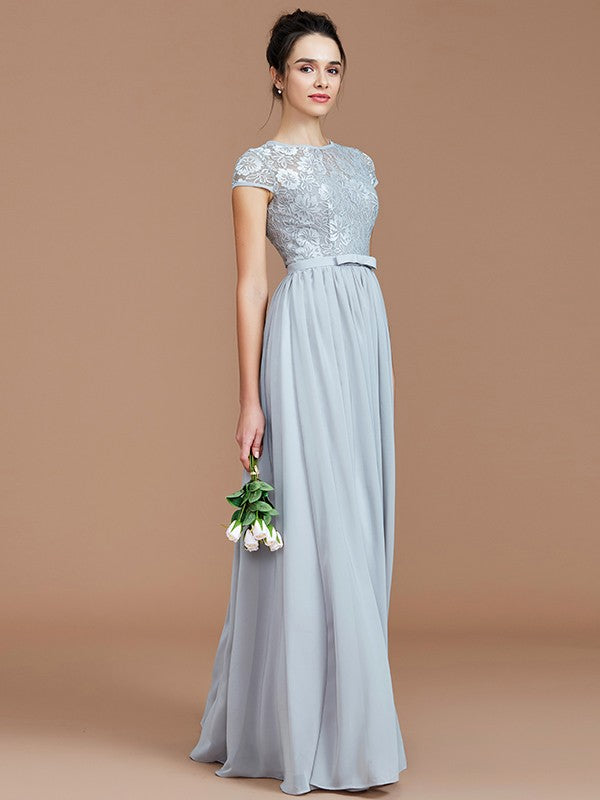 Vestido de dama de honor de gasa con corte A/princesa, mangas cortas, encaje, joya, largo hasta el suelo, vestido de noche para madre de la novia