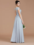 Vestido de dama de honor de gasa con corte A/princesa, mangas cortas, encaje, joya, largo hasta el suelo, vestido de noche para madre de la novia