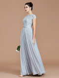 Vestido de dama de honor de gasa con corte A/princesa, mangas cortas, encaje, joya, largo hasta el suelo, vestido de noche para madre de la novia