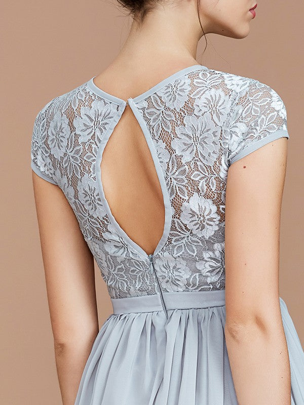 Vestido de dama de honor de gasa con corte A/princesa, mangas cortas, encaje, joya, largo hasta el suelo, vestido de noche para madre de la novia