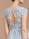 Vestido de dama de honor de gasa con corte A/princesa, mangas cortas, encaje, joya, largo hasta el suelo, vestido de noche para madre de la novia