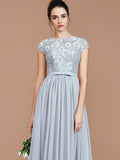 Vestido de dama de honor de gasa con corte A/princesa, mangas cortas, encaje, joya, largo hasta el suelo, vestido de noche para madre de la novia