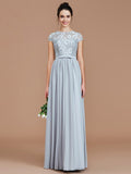 Vestido de dama de honor de gasa con corte A/princesa, mangas cortas, encaje, joya, largo hasta el suelo, vestido de noche para madre de la novia