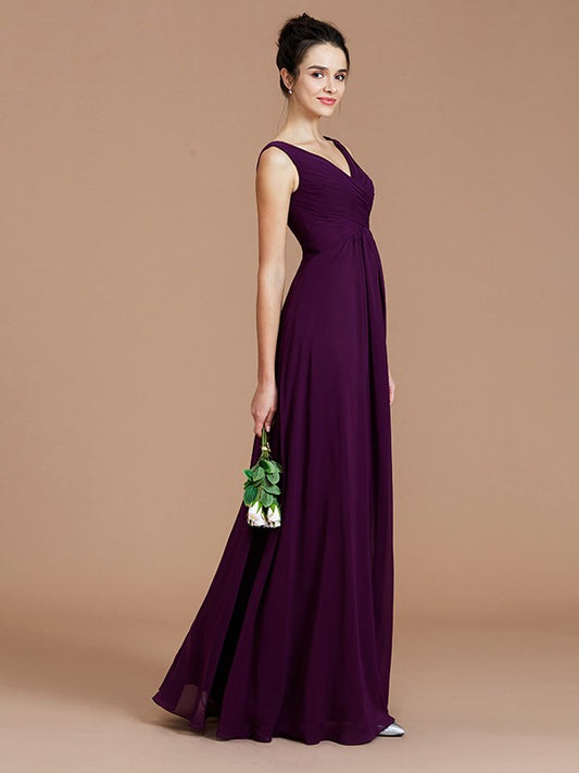 A-Line/Princess V-neck Sleeveless Ruched Floor-Length Chiffon Bridesmaid Dresses Evening Prom Dress